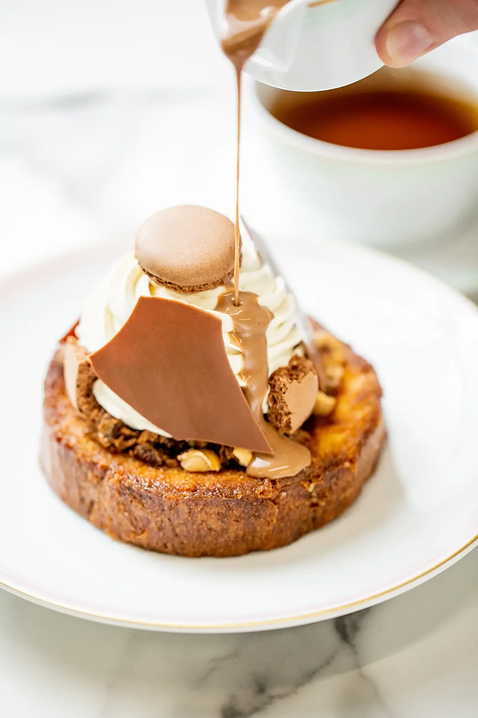 French toast topped with chocolate, hazelnut, and ice cream.