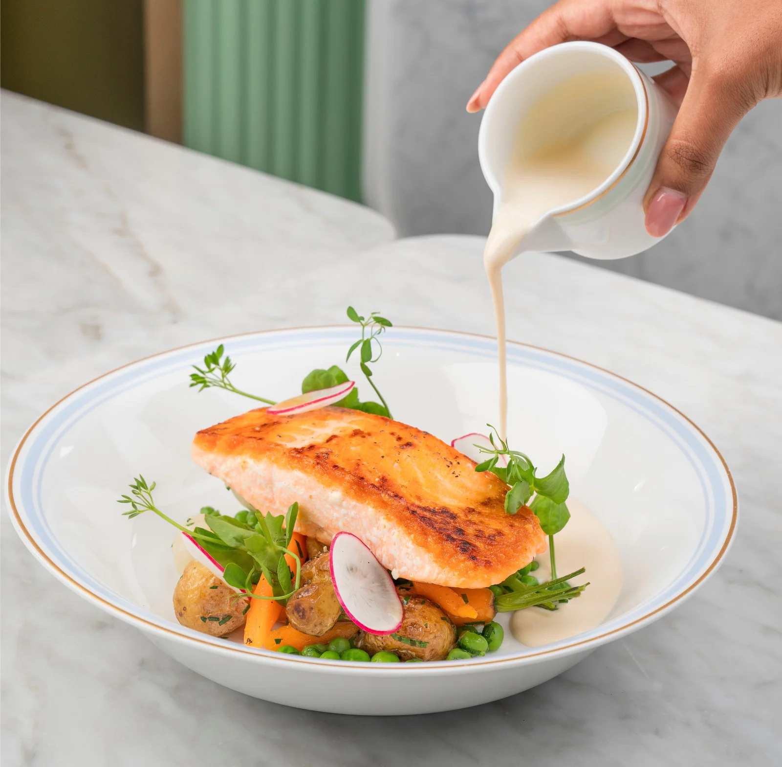 A multi-course lunch set on a table.